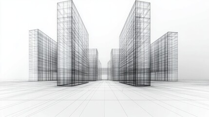 Fototapeta premium Modern Abstract Architectural Design Blueprint with Monochrome Wireframe Cityscape and Geometric Shapes for Creative Projects and Urban Visualization