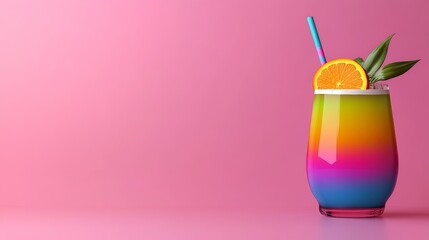 Colorful drink with a straw in it is on a pink background. The drink is a rainbow cocktail with a slice of orange on top