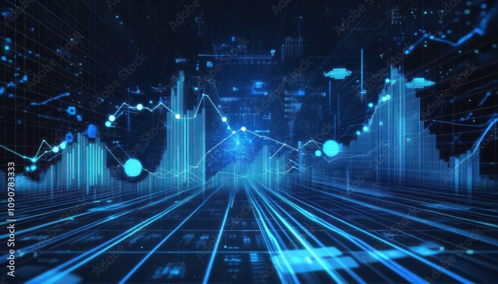 Poster dynamic and futuristic data visualization with abstract graphs and line charts in a blue digital spa
