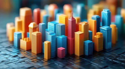 Obraz premium Vibrant 3D City Skyline Model with Colorful Buildings and Modern Architecture, Representing Urban Life, Innovation, and Creative City Planning