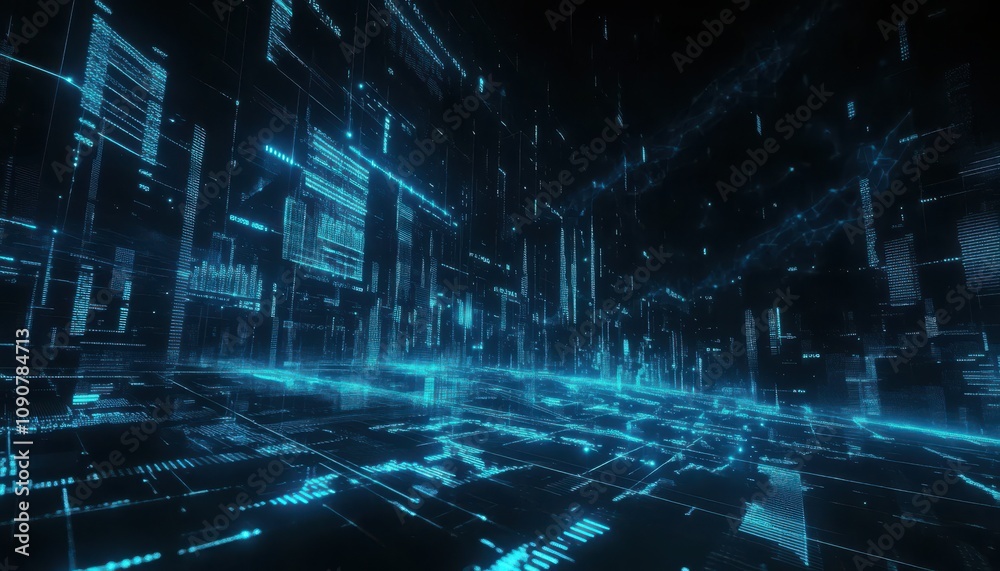 Poster futuristic digital landscape with glowing blue data streams and geometric patterns creating an immer
