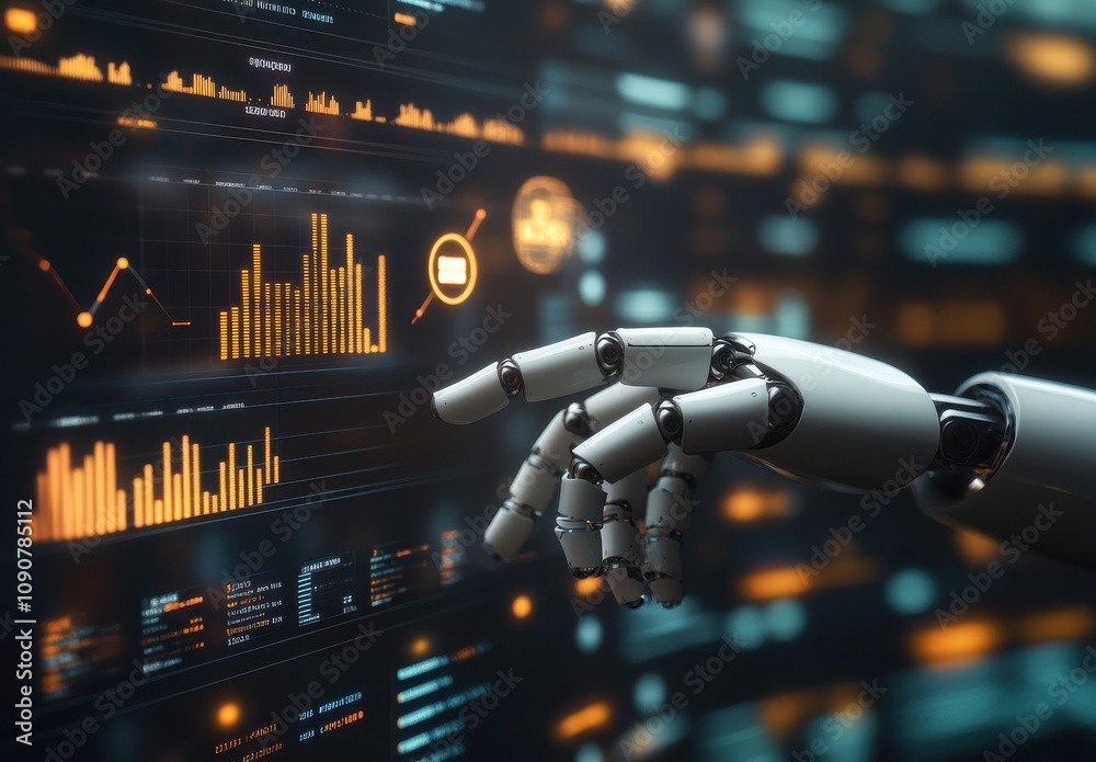 Poster futuristic robotic hand interacting with data visualizations on a digital screen, symbolizing innova