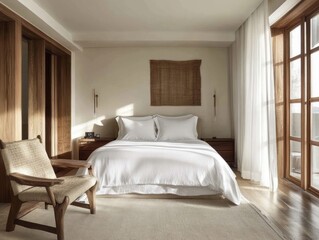 Fototapeta premium Modern Minimalist Bedroom Design With Wooden Accents