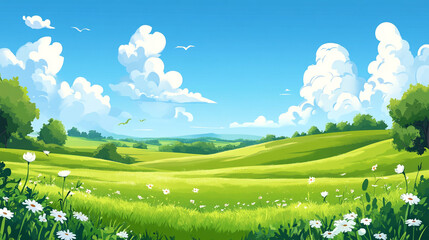Obraz premium Vibrant green meadow under a clear blue sky filled with fluffy clouds