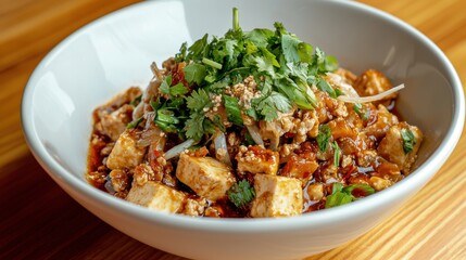 Traditional Spicy Mapo Tofu Dish with Fresh Herbs Chinese food