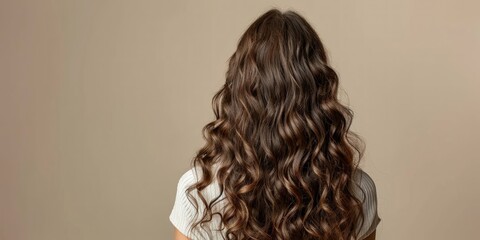 Fototapeta premium Back View of a Woman with Long, Wavy Brown Hair