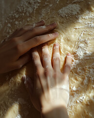 Fototapeta premium young baker's hands pressing down on dough with sunlight highlighting flour dust
