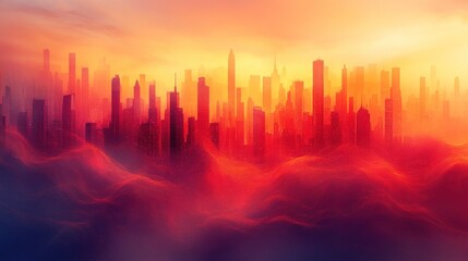 Fototapeta premium A vibrant city skyline at sunset, enveloped in colorful mist.