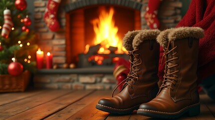 Cozy leather boots by a festive fireplace with Christmas decorations in honor of St. Nicholas Day