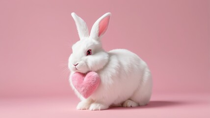 Obraz premium A charming white rabbit adorned with a pink heart, set against a delightful pink background.