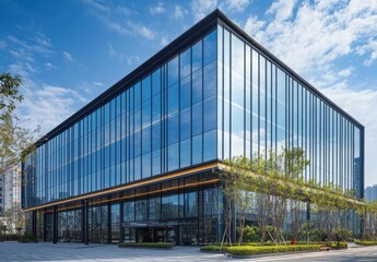 Fototapeta premium Modern architectural building with sleek glass facade surrounded by trees and clear blue sky showcasing contemporary design in an urban setting