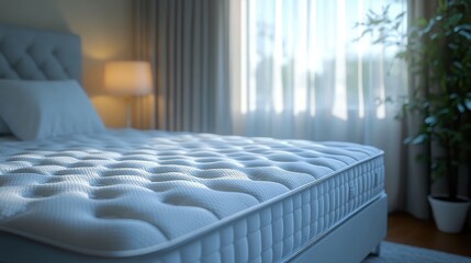 Modern Bedroom Interior with Soft Comfortable Mattress, Cozy Bedding, Elegant Lamp, and Natural Light Streaming Through the Curtains