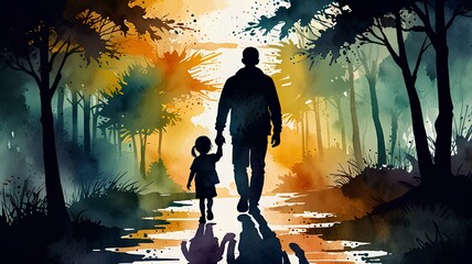 Parent and child silhouette walking away. Education concept art. Parenting and educating abstract watercolor illustration. Parenthood and childhood. Walking down the path of righteousness.