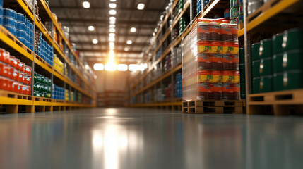 Fototapeta premium A modern grocery warehouse scene with a fully loaded pallet of canned goods, ready for wholesale sales, surrounded by bright space for a clean look and text.