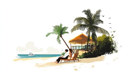 Obraz premium a 2D cartoon illustration of a couple on a honeymoon at a beach resort, romantic and serene, white background--ar 16:9