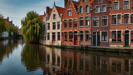 Fototapeta premium row of colorful houses in the bruges canals. low countries, netherlands, amsterdam, colorful houses, bright colors