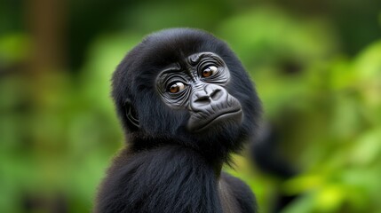 Fototapeta premium A curious young gorilla gazes thoughtfully, surrounded by lush greenery, showcasing its expressive and gentle features.