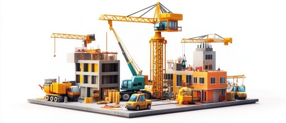 Construction site with cranes, buildings, and vehicles.