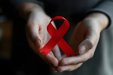 A realistic image of a woman's hand holding a red ribbon, symbolizing HIV awareness on World AIDS Day, illustrating concepts of healthcare and medicine.