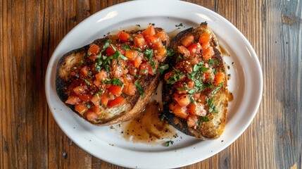 Naklejka premium Fresh Tuscan Bread Bruschetta with Diced Tomatoes, Basil, and Olive Oil Served on White Plate on Rustic Wooden Table