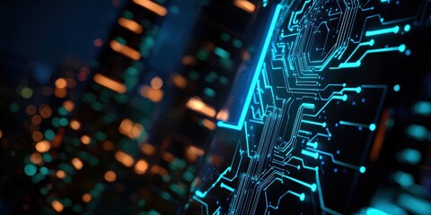 A close-up view of a futuristic circuit board illuminated with vibrant blue and orange lights against a dark background, showcasing technology and innovation.