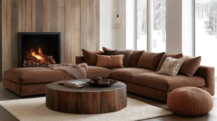 Fototapeta premium Cozy L-shaped sectional sofa in a modern living room with fireplace and wooden accents.