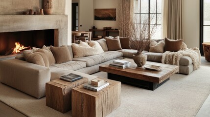 Cozy living room with sectional sofa, fireplace, and wooden coffee tables.