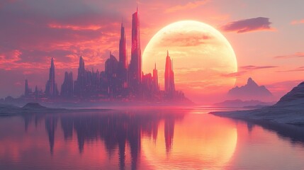 Naklejka premium A surreal landscape with a cityscape under a large moonrise.