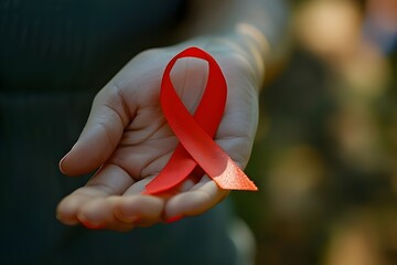 A realistic image of a woman's hand holding a red ribbon, illustrating World AIDS Day awareness and healthcare themes, depicted in high-definition detail.