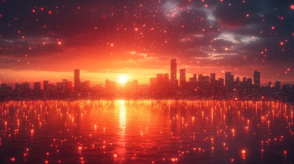 Fototapeta premium Sunset over a city skyline reflecting on water with glowing lights.