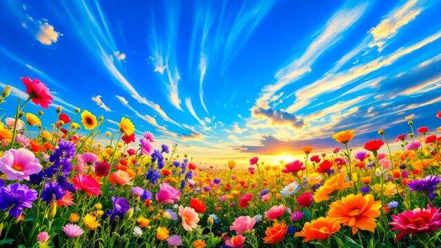 A vibrant meadow of diverse wildflowers under a bright blue sky with wispy clouds during sunset, showcasing nature's vivid palette and serene beauty. - Powered by Adobe
