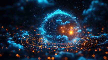 Fototapeta premium A glowing, interconnected globe surrounded by swirling clouds and lights.