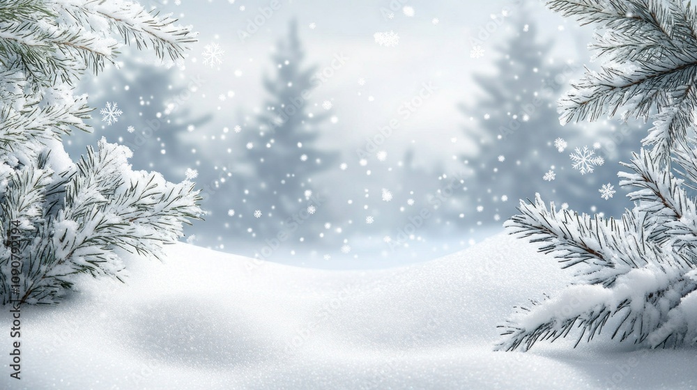 Poster a snowy landscape with pine trees and snowflakes falling