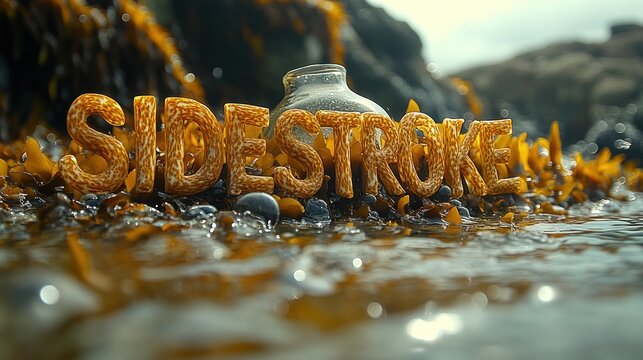 A bottle surrounded by seaweed with the word "SIDESTROKE" formed.
