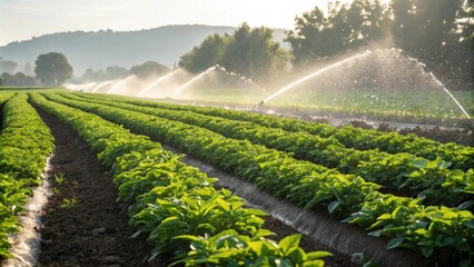 Rows of green crops being watered.