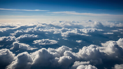 Fluffy white clouds against clear blue sky, serene sky, Stunning aerial view. 