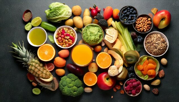 Flat lay style healthy food concept with oat avocado herbs vegetables and fruit. Mediterranean cuisine.