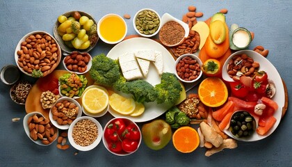 Flat lay style healthy food concept with oat avocado herbs vegetables and fruit. Mediterranean cuisine.