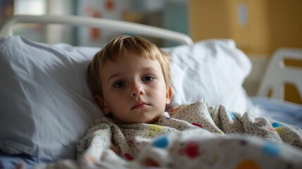 A young boy rests in a hospital bed, looking contemplative while wearing a colorful pajama gown. The light in the room creates a soothing environment for recovery