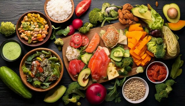 Flat lay style healthy food concept with oat avocado herbs vegetables and fruit. Mediterranean cuisine. - Powered by Adobe