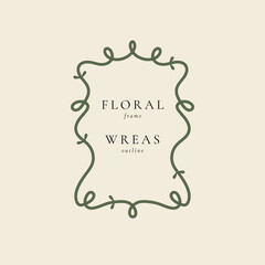 Vector set of line floral wreath. Decorative frame with minimalistic flowers branches and template text. Botanical elements perfect for invitation wedding and birthday cards.