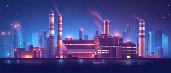 Night cityscape industrial complex with illuminated buildings and smokestacks.