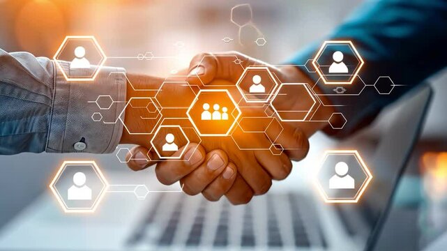 A close-up of two hands shaking, symbolizing partnership and collaboration in a digital environment with technology elements.