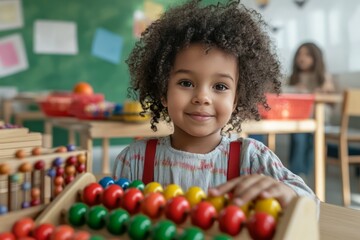 Cute preschool student with curly hair smiling and learning numbers, playing with a colorful abacus on a classroom table, developing her mathematical skills