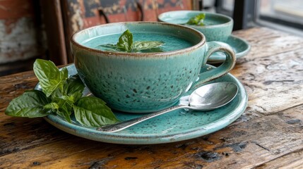 Two Rustic Cups of Green Minty Beverage on a Wooden Table, Decorated with Fresh Mint.