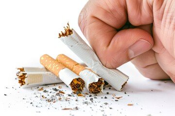 Close-Up of a Hand Crushing Cigarettes on a White Background Representing the Struggle to Quit Smoking and Tobacco Addiction Awareness Efforts
