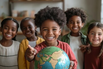 Diverse group of joyful elementary school students holding a globe in a classroom, promoting education, geography, multiculturalism, and global awareness with smiles on their faces