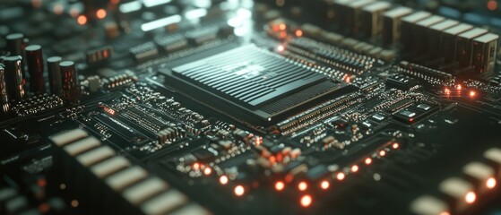 Fototapeta premium Close-up of a computer motherboard with a central processing unit.
