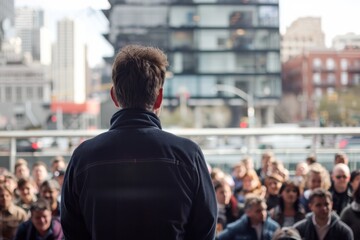 Fototapeta premium Enthusiastic Speaker Engages Large Audience During Outdoor Event in Urban Setting with Modern Architecture in Background