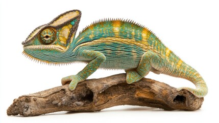 Naklejka premium Vibrant chameleon perched on weathered driftwood, isolated on white.